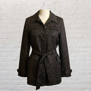 Bisou Bisou Croc Print Belted Jacket Brown/Black Faux Leather Look Trench Size L